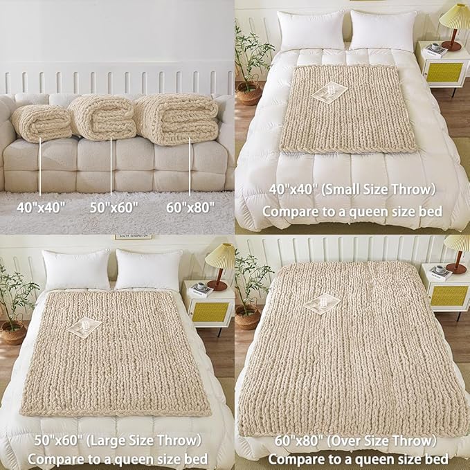 WESHIONGOO Chunky Knit Blanket Throw 40"×40" Knitted Throw Blankets for Couch Bed Fluffy Soft Blanket with Jumbo Chenille Yarn Thick 100% Handmade (Linen)-Ruum Studio Home