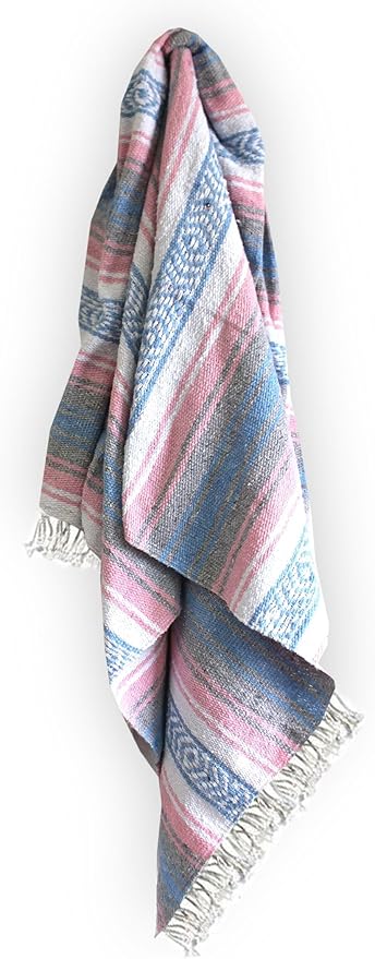 Del Mex Classic Mexican Blanket, Large Authentic Woven Falsa Throw (70"x50"), Artisan Southwest Décor for Beach, Yoga, Outdoors (Light Pink/Blue)-Ruum Studio Home