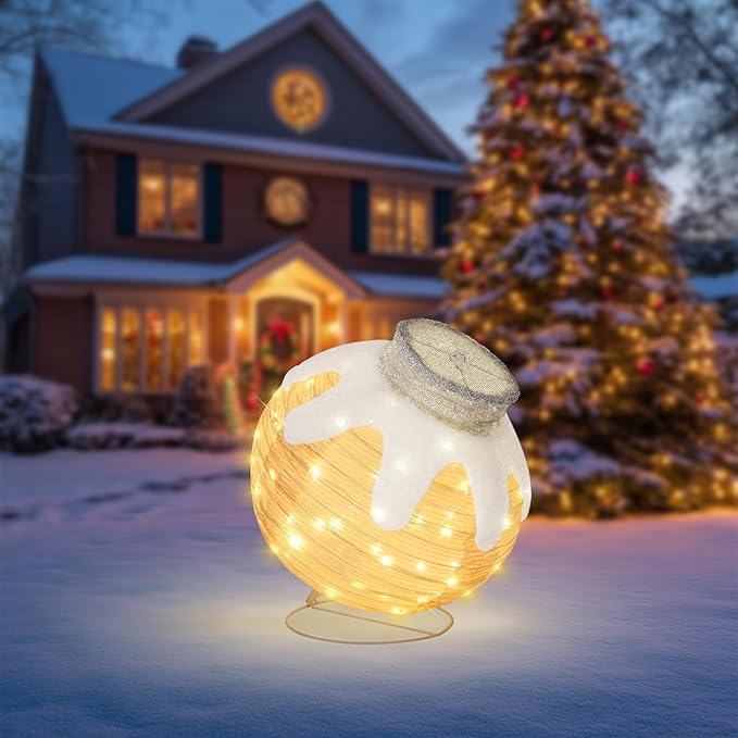 BRIGHTDECK Outdoor Christmas Ornaments, Lighted Pop-Up Outdoor Holiday Ball Decoration with 80 LED Lights, 8 Light Modes, Lighted Collapsible Holiday Decorations for Yard, Home(Beige)-Ruum Studio Home