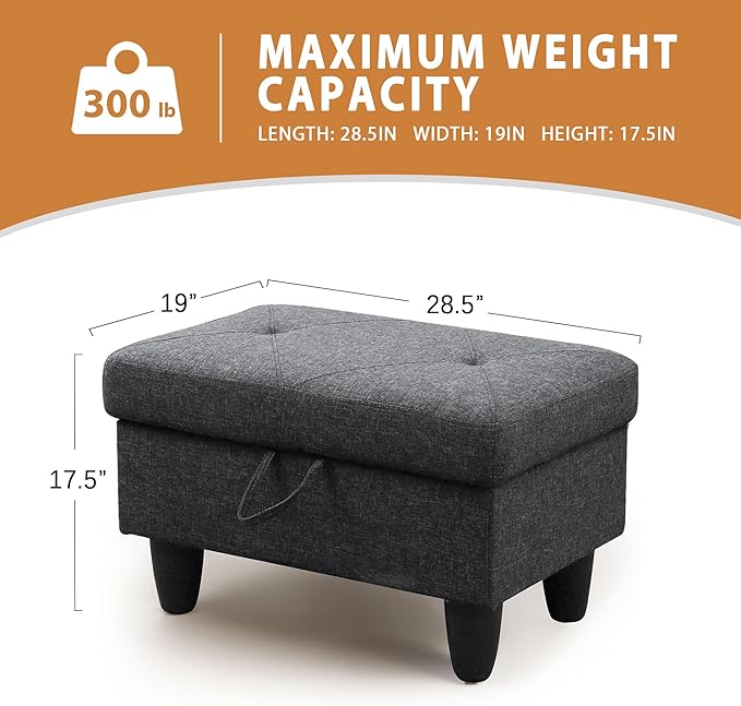 Ottoman Rectangular Storage Ottoman Bench, Flannel Footrest Stool Footstool with Lid for Living Room, Bedroom, Entryway, Black Gray, 28.5"x19"x17.5"-Ruum Studio Home