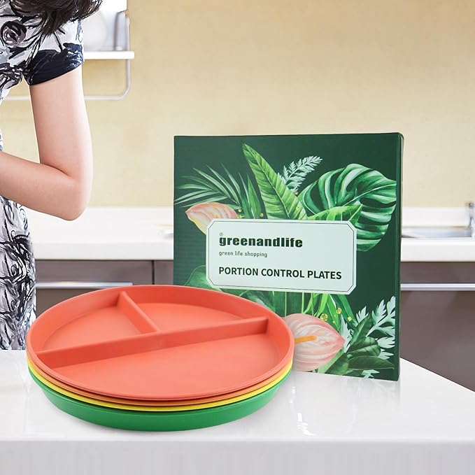 greenandlife 9 Inch 4PCS Unbreakable Portion Control Plates, Divided Plates for Kids Adults, Dishwasher & Microwave Safe Compartment Plate, Lightweight Reusable Wheat Straw Plate, BPA Free-Ruum Studio Home