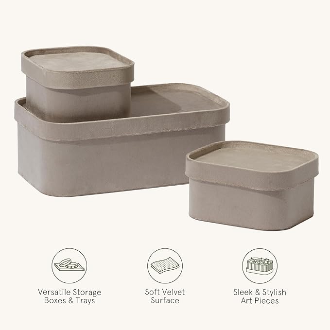 La Jolie Maison Velvet Storage Baskets with Lids, Sturdy Stackable Cardboard Boxes with Decorative Trays, Organizer Bins for Bathroom Bedroom Organizing, Taupe, Set of 3-Ruum Studio Home