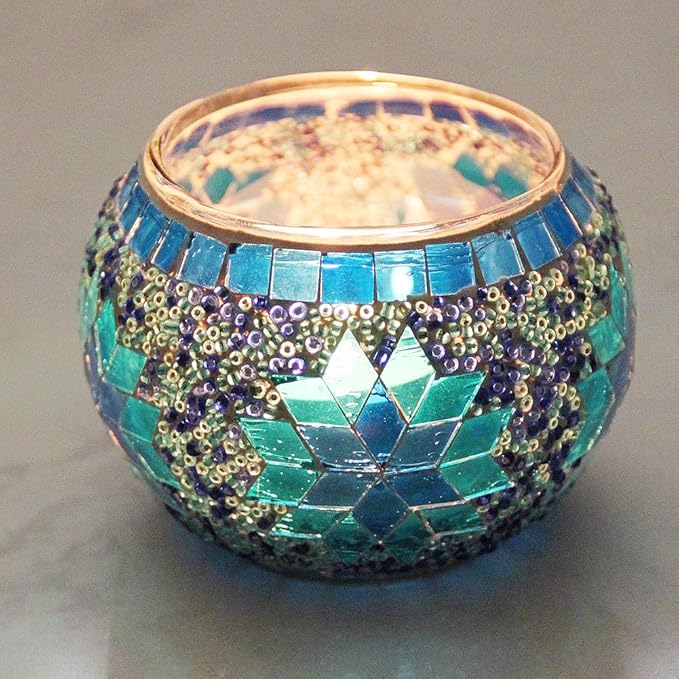 SHMILMH Votive Candle Holder Set of 4, Diwali Decoration for Home, Handmade Mosaic Glass Tealight Candle Holders for Table Centerpiece Decor,Diwali Thanksgiving-Ruum Studio Home