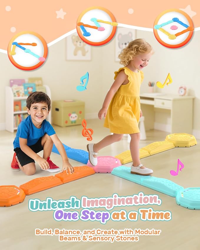 Holyton Music Light Up Balance Beam and Toddler Stepping Stones 13 Pieces, Non-Slip Plastic Balance Stackable Stepping Stones for Kids, Sensory Toys for Toddlers, Indoor or Outdoor Play, Easy Storage-Ruum Studio Home
