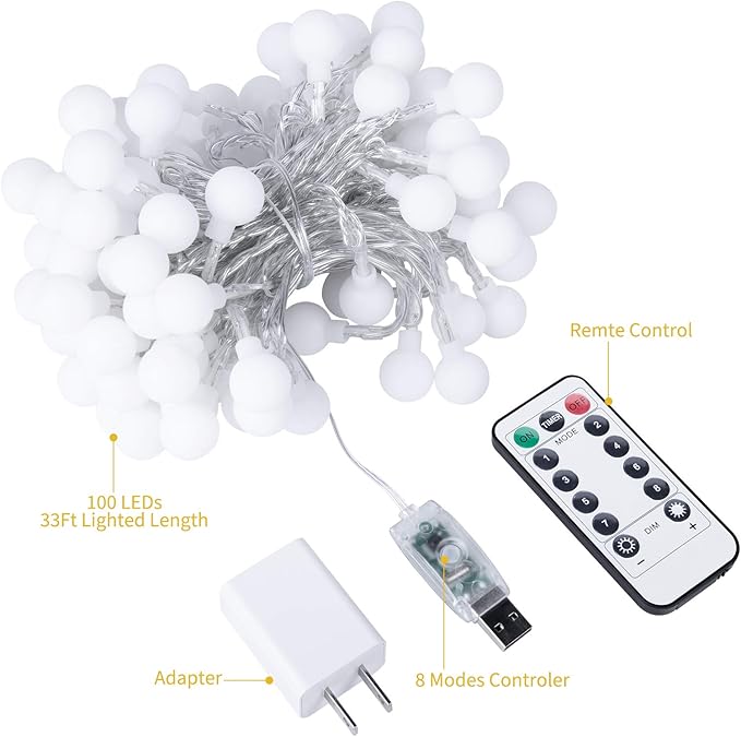 Minetom 33 Feet 100 Led Mini Globe String Lights, USB Fairy String Lights Plug in, 8 Modes with Remote, Decor for Indoor Outdoor Party Wedding Christmas Tree Garden, Warm and Multi-Ruum Studio Home