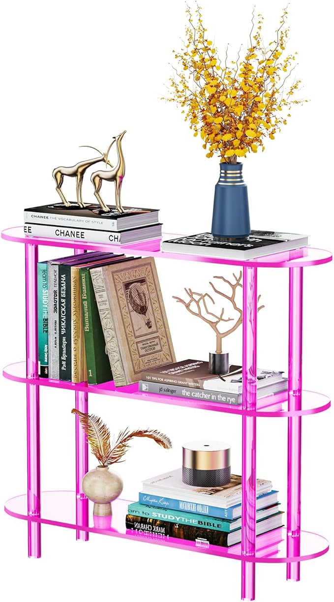 Clear Bookshelf, Acrylic Bookcase with Open Book Shelf Console Table for Entryway Office (3 Tier Pink)-Ruum Studio Home