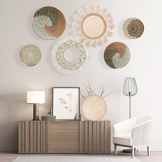 LOCS MICRAI Boho Wall Basket Decor Set of 3 - Flat Woven Basket Wall Hanging Decor,Round Tassels White Macrame Tapestry Wall Decor Art,Handmade Rattan Wicker Seagrass Home Wall Baskets Decor-Ruum Studio Home
