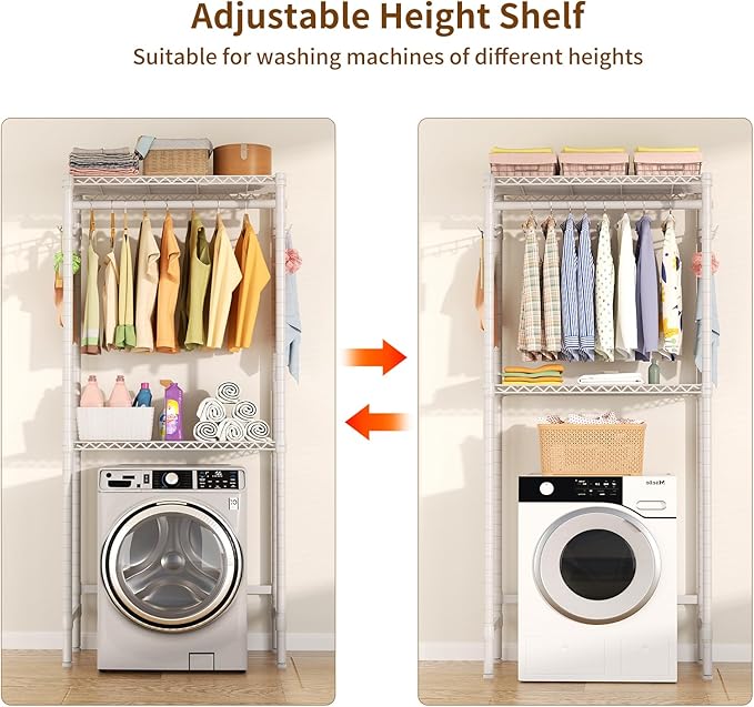 Over Washer and Dryer Shelves,2 Tier Adjustable Height Wire Shelving Laundry Room Storage Organization Clothes Drying Rack with Hanger Rod&Hooks,Space Saving Organizers Shelf,White-Ruum Studio Home