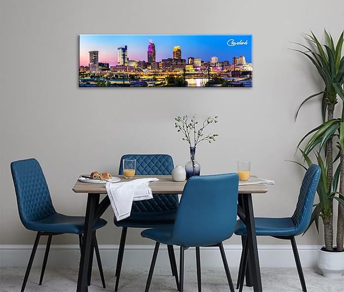 Cleveland Skyline Wall Art Colorful Canvas Prints Night View Ohio USA Cityscape Panoramic City Building Painting for Bedroom Office Decor Framed and Ready to Hang 13.8"x45.3"-Ruum Studio Home