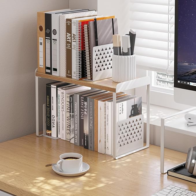 Mitus Shelf Organizer and Storage, Tiered Wood Cabinet Rack for The Kitchen Counter, Bathroom Counter, Pantry Cupboard, Office Desk Bookshelf, 12" Wide Natural and White-Ruum Studio Home