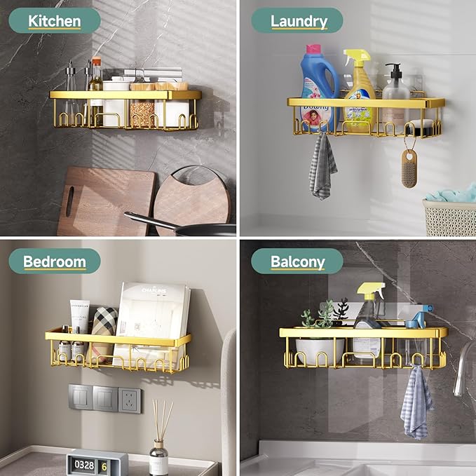 Veken Adhesive Shower Caddy 6-Pack,Gifts for Women Mom,Heavy Weight Bearing,Large Wall Mounted Bathroom Shelves Rack,Organizer Storage Accessories with Soap Dish&Toothbrush Holder,Bright Gold-Ruum Studio Home