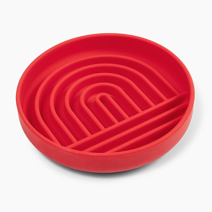 The Slowdown Bowl Silicone Slow Feeder for Dogs & Puppies, Slow Eating, Modern Lick Mat Design, Reduces Gulping, Fits 2 Cups 7.5” Across x 1.5” Tall, Mealtime Challenge, Medium-Cherry-Ruum Studio Home
