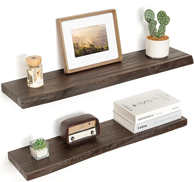 Floating Shelves for Wall Decor, Rustic Solid Elm Wood Live Edge Floating Shelves Wall Mounted, Wall Shelves with Invisible Bracket for Living Room Bathroom Bedroom Kitchen, 32 Inch Set of 2, Walnut-Ruum Studio Home