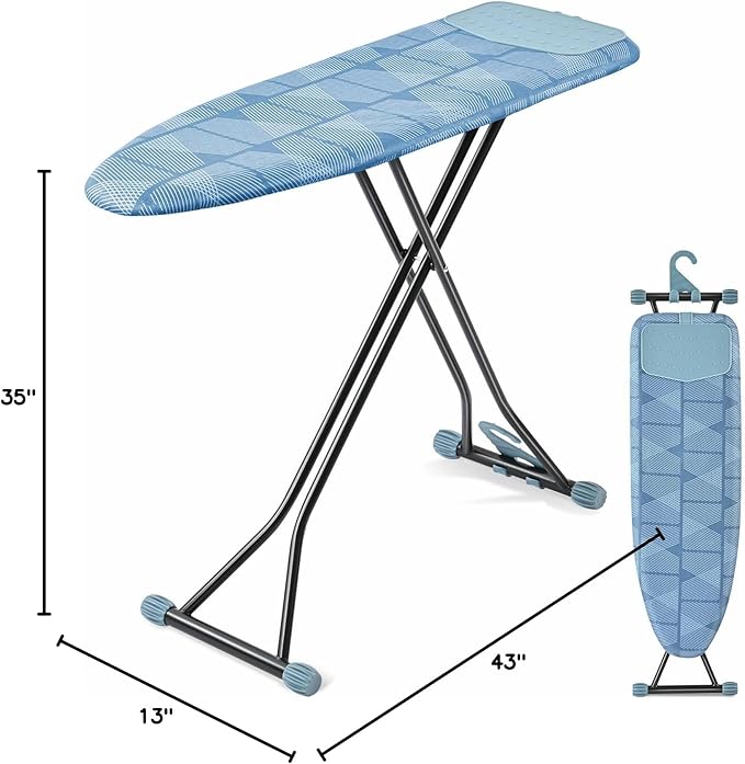 APEXCHASER Ironing Board with Iron Rest, Compact and Space Saver Iron Board, Extra Thick Cover, Height Adjustable, Wall Mount & Closet Hanger 13x43 Blue-Ruum Studio Home