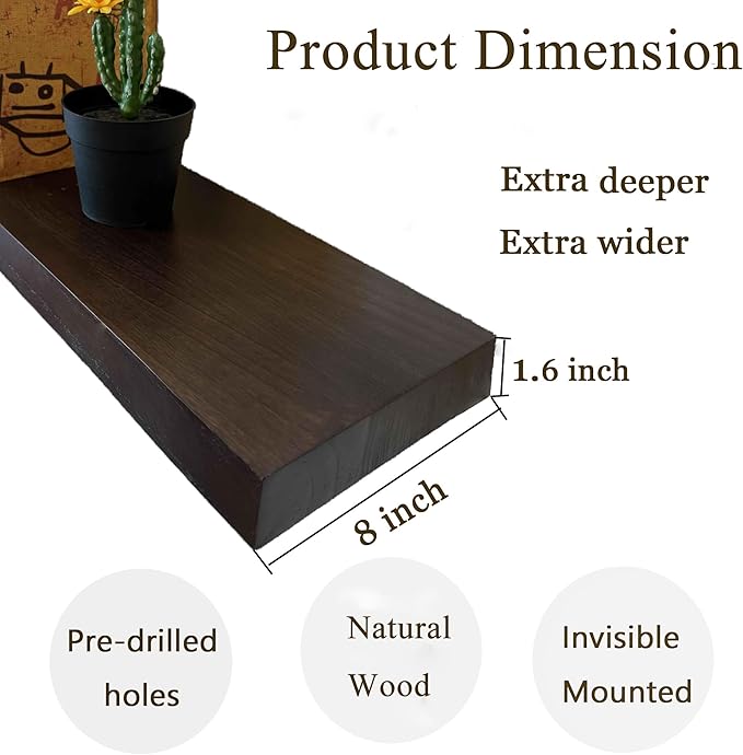 ROGMARS Walnut Wooden Floating Shelves for Wall 48 inches Long,8 Inch Deep Natural Wood Floating Wall Mounted Shelves with Invisible Bracket for Kitchen,Bedroom,Living Room,1PC-Ruum Studio Home