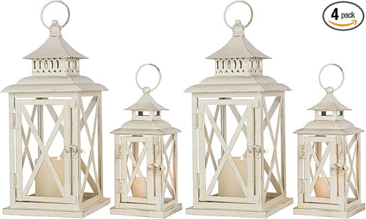 NEEDOMO Lanterns Decorative Outdoor&Indoor, Set of 4 (14"&10") Beige Metal Lantern Decor with Glass, Candle Holder for Porch, Patio, Garden, Balcony, Wedding, Table Centerpiece-Ruum Studio Home