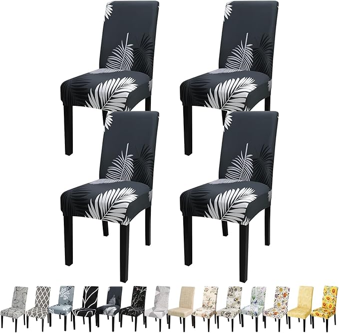 JQinHome Pattern Chair Covers for Dining Room Set of 4, High Stretch Removable Washable Parsons Chair Slipcover for Home Party Hotel Wedding Ceremony (Plume Black,4PCS)-Ruum Studio Home