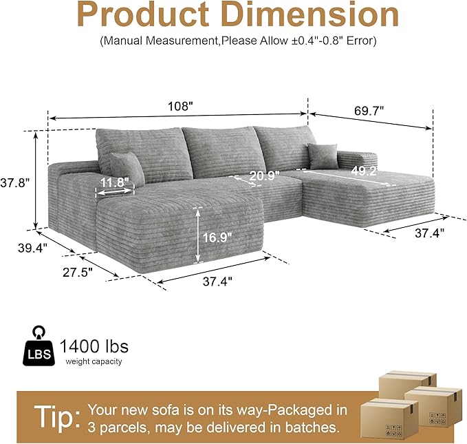 108" Sectional Couches for Living Room Modern Modular Sofa with L-Shape Couchs Upholstered Boneless Couch Deep Seat Sectional Couch with Chaise (Grey, Right Facing Chaise+2Seaters+1Ottoman)-Ruum Studio Home