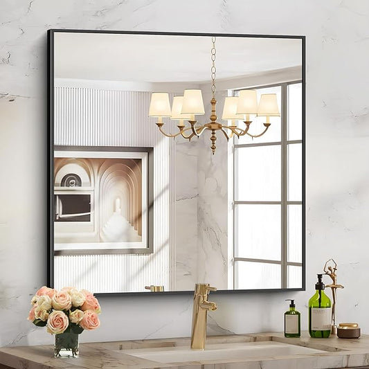 Black Bathroom Mirror for Wall, 30x30 Inch Rectangle Mirrors with Metal Frame, Modern Vanity Wall Square Mirror for Bathroom Living Room, Entryway Hangs Horizontal or Vertical-Ruum Studio Home