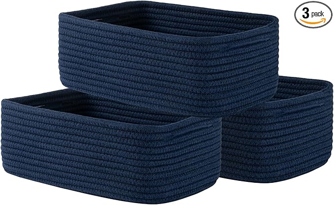 KALLAX Small Woven Basket, 12 x 8 x 4.5 Inches, Storage Basket for Organizing, Cute Small Rope Shelf Closet Cube Storage Bins Baskets for Shelves, Dog Toy Gift Baskets Empty, 3 Packs, Navy Blue-Ruum Studio Home