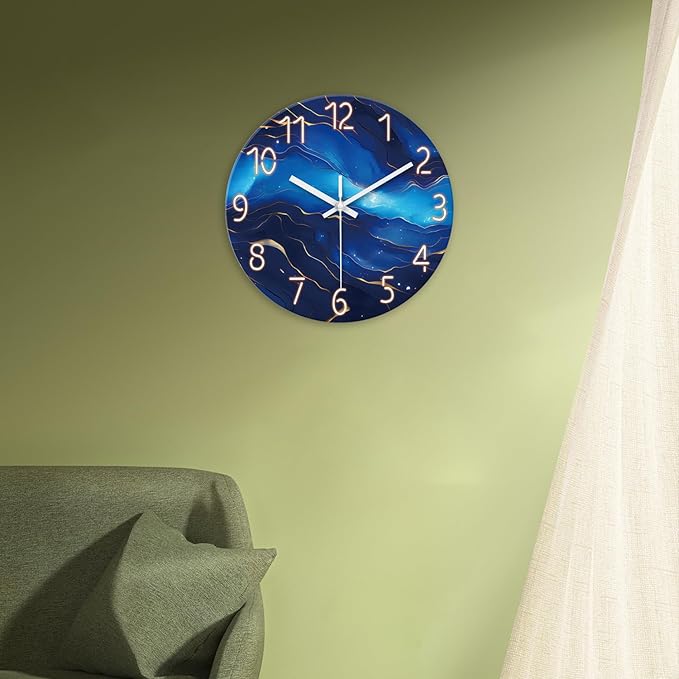 Small Wall Clocks Battery Operated 12 Inch Blue Marble Wall Clock for Kitchen Glass Analog Silent Wall Clock Non Ticking-Ruum Studio Home