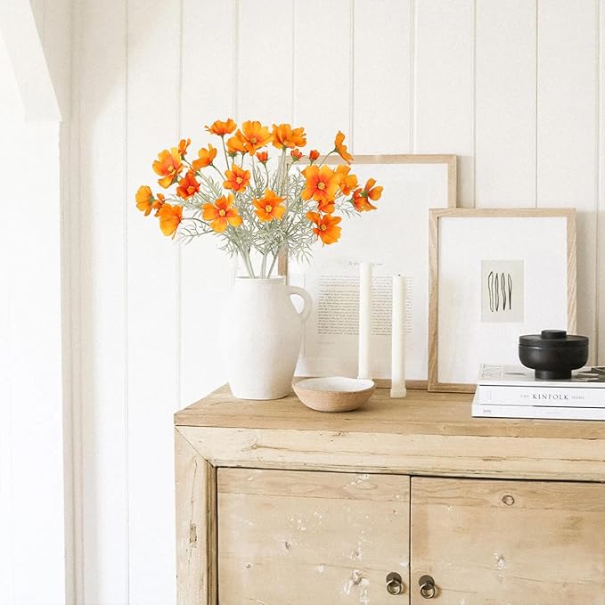 IPOPU Orange Silk Flowers Artificial Daisies 5PCS Cosmos Artificial Flowers Fake Wildflowers Daisy Flowers with Stems for Home Decor Indoor Floral Arrangements Centerpiece (Orange)-Ruum Studio Home