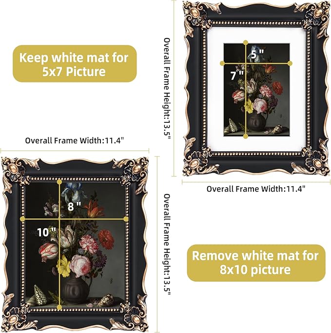 8x10 Vintage Picture Frame with Embossed Flower Design, Black Ornate Frame for 8x10 or 5x7 Pictures with White Mat, Hand-Crafted Resin Antique Frames for Tabletop & Wall Hanging, Home Decor (Black)-Ruum Studio Home