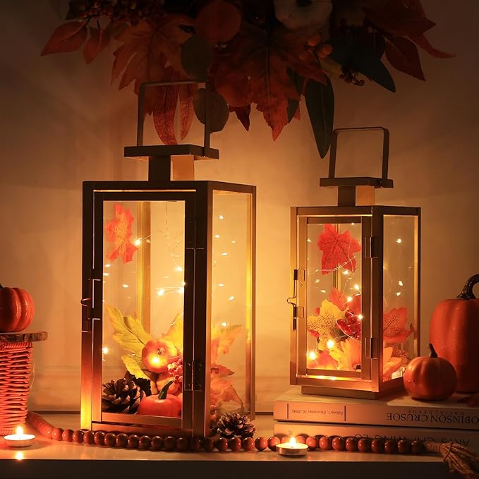 DECORKEY Fall Christmas Golden Decorations for Home, 17''&13'' Metal Candle Lanterns Decorative Outdoor&Indoor, Modern Hanging/Tabletop Candle Holders for Porch Patio Wedding Decor-Ruum Studio Home