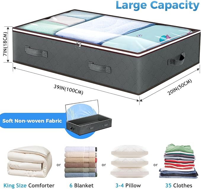 Budding Joy 90L Under Bed Storage Containers, Closet Organizers and Storage Bins, Foldable Underbed Storage Bags for Blanket, Clothing, Comforter, Sweaters, Pillows, Linen Sheets, Wrapping Paper, Grey-Ruum Studio Home