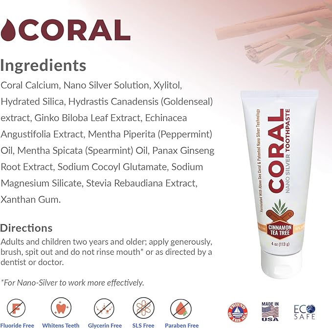 Coral Nano Silver Cinnamon Tea Tree Toothpaste, Natural Fluoride Free Teeth Whitening Toothpaste, Coral Calcium Nano Silver Infused SLS Free 4 Ounce-Ruum Studio Home