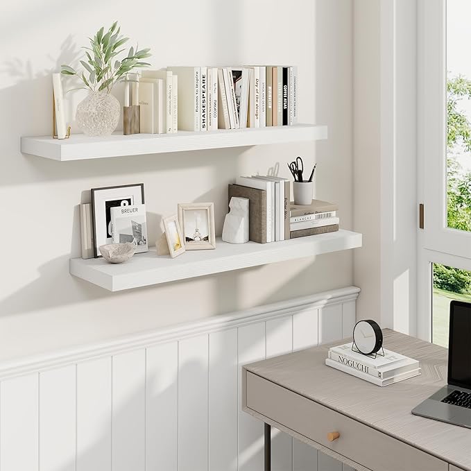 36 Inch Floating Shelves, 9.3 Inch Deep Rustic Wall Shelves - Extra Deeper Wall Mounted Storage Shelves for Bathroom, Kitchen, Living Room (White, Set of 2)-Ruum Studio Home