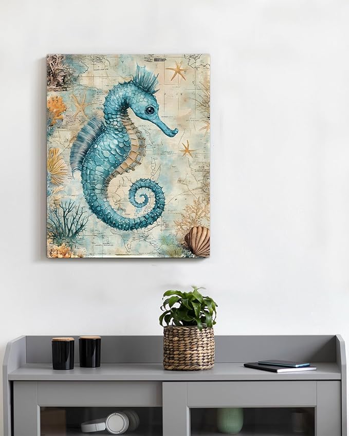 Nautical Seahorse Canvas Wall Art Sea Horse Ocean Theme Print Poster Coastal Framed Picture Painting for Home Beach House Bedroom Wall Decor 8x10 Inch-Ruum Studio Home