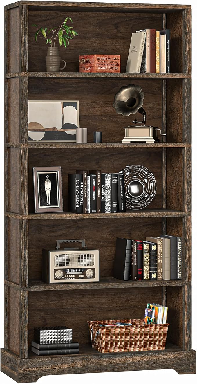 TVU 5-Shelf Wood Bookcase, 65 Inch Tall Bookshelf with Storage, Floor Standing Display Book Shelf, for Living Room Bedroom Study Office, Rustic Brown-Ruum Studio Home
