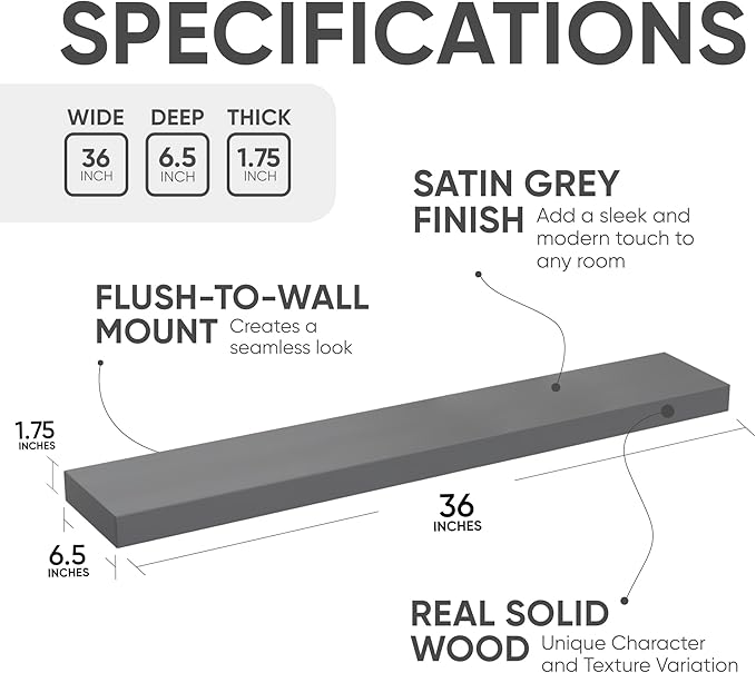 Homeforia 36 inch Gray Floating Shelves, High End Solid Real Wood 36inch Floating Shelf for Wall Mounted, Grey Wooden 36 inches Long Floating Shelves, Heavy Duty Bracket, 36 X 6.5 X 1.75 in, Set of 2-Ruum Studio Home