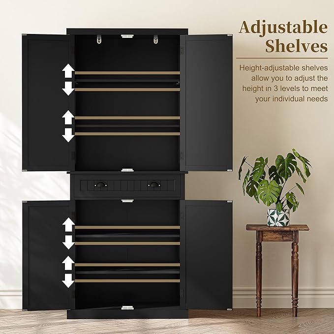 ARTPOWER 72" Tall Kitchen Pantry Storage Cabinet with Drawer and Adjustable Shelves, Pantry Cabinet for Kitchen, Bathroom or Hallway, Black-Ruum Studio Home