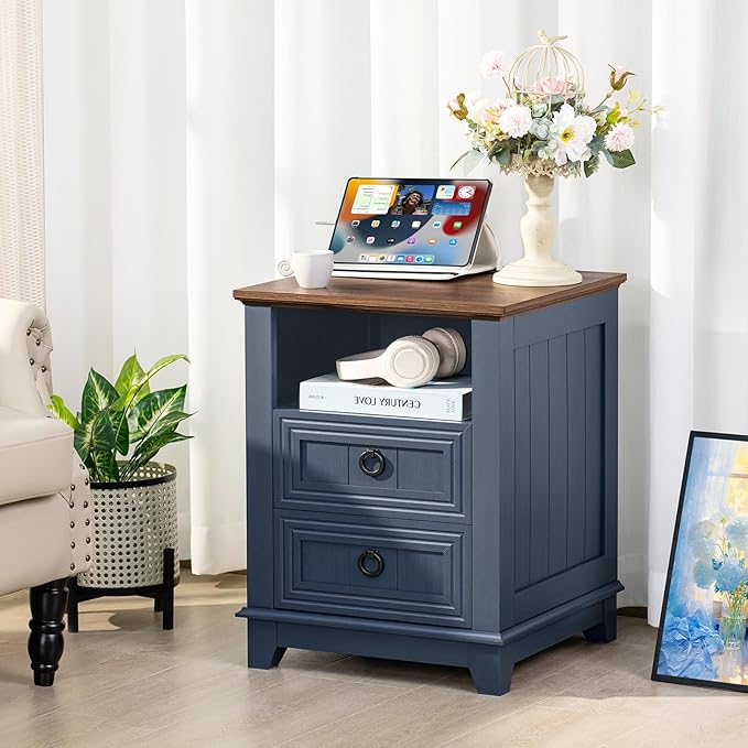 18" Farmhouse Night Stands Set of 2 with Charging Station, 2 Drawers End Table Dresser for Bedroom, Blue Wooden Nightstand, Bed Side Table with Open Shelf, Bedside Cabinet for Living Room-Ruum Studio Home