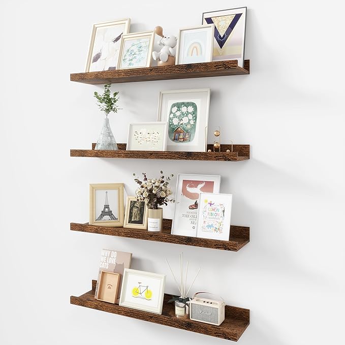 Picture Ledge Shelf, Wood Floating Shelves Set of 4, 24 inch Picture Ledge Shelves, Photo Ledge Nursery Book Shelves Wall Mounted for Living Room Kids' Room Bedroom, Color Brown-Ruum Studio Home