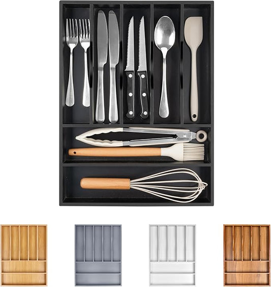 Bellsal Bamboo Silverware Drawer Organizer, Utensil Kitchen Drawer Organizer, Utensil Holder Cutlery Tray with Grooved Drawer Dividers for Kitchen Utensils and Flatware Bedroom Office (7 Slot, Black)-Ruum Studio Home