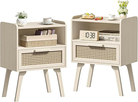 Lerliuo Rattan Nightstands Set of 2, Side Table with Drawer Open Shelf, Cane Accent Bedside End Table, Mid Century Modern Night Stand for Bedroom, Dorm and Small Spaces (Grey White)-Ruum Studio Home