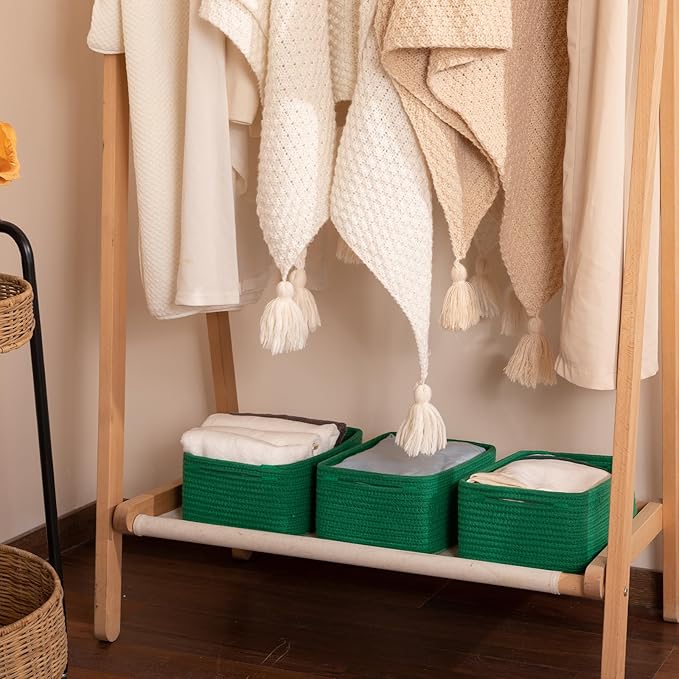 3 Pack Small Storage Baskets for Organizing, Cute Woven Decorative Gift Baskets for Shelves, Mini Closet Organizer Bins with Handles, 11.81''Lx7.87''Wx4.72''H-Green-Ruum Studio Home