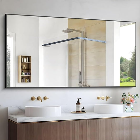 Black Bathroom Mirror for Wall, 60x30 Inch Rectangle Mirrors with Metal Frame, Modern Vanity Wall Mirror Decor for Bathroom Living Room, Entryway Hangs Horizontal or Vertical-Ruum Studio Home