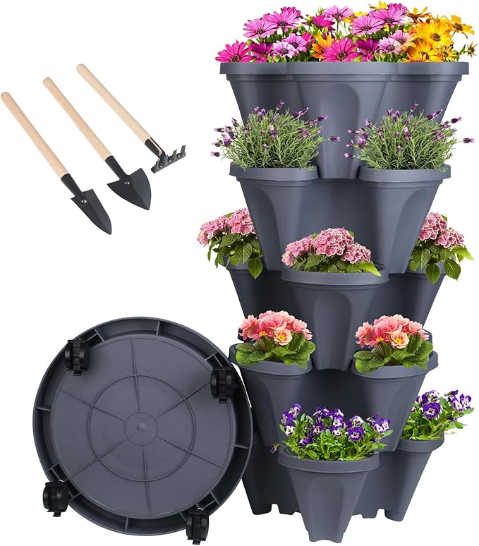 Vertical Planter 5 Tier Stackable Planters Garden Planters Strawberry Herb Flower and Vegetable Planter Indoor Outdoor Gardening Pots with Removable Wheels and Tools-Ruum Studio Home