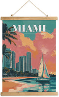 WREVERW Vintage Miami Poster Canvas Print with Wooden Hanger Frame, Featuring Palm Trees, High-Rise Buildings, and Sailboats, Wall Art for Home and Office Decor, 16x23 inches-Ruum Studio Home