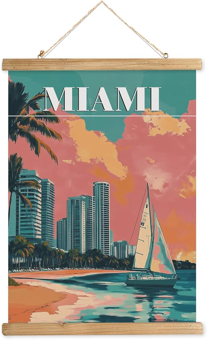 WREVERW Vintage Miami Poster Canvas Print with Wooden Hanger Frame, Featuring Palm Trees, High-Rise Buildings, and Sailboats, Wall Art for Home and Office Decor, 16x23 inches-Ruum Studio Home