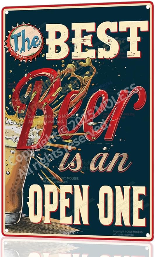 "The Best Beer is an Open One" Funny Bar Sign or Man Cave Decor | 12x8″ Durable Vintage Metal Beer Signs Wall Decorations for Home Bar/Basement/Garage/Mancave, 2347-Ruum Studio Home