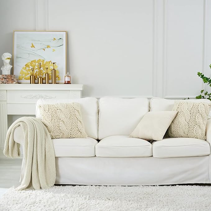 Longhui bedding Chunky Cable Knit Throw Blanket Lightweight Cream 100% Organic Cotton Blanket for Sofa Couch Bed Baby Nursery, Rustic Shabby Chic Modern Farmhouse, 60” x 80” Give Laundering Bag-Ruum Studio Home