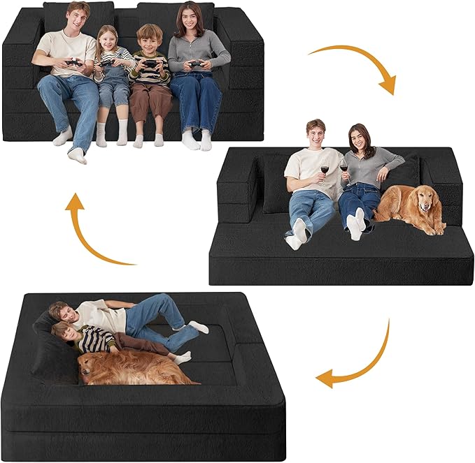 Folding Bean Bag Chair for Adults,3-in-1 Bean Bag Couch Faux Fur Floor Sofa Large Beanbag Convertible Bean Bag Sofa Bed with Pillow in Bedroom,Living Room,Apartment(Queen,Black)-Ruum Studio Home