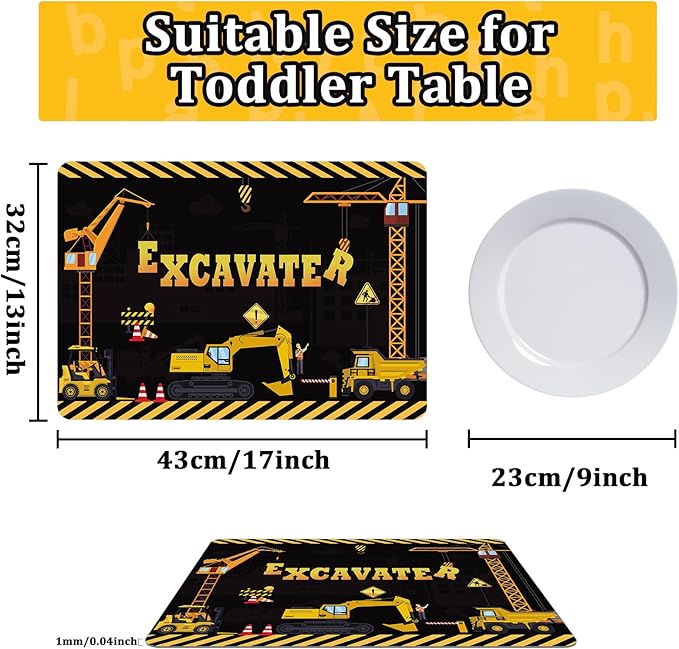 Construction Placemats Set of 6 Toddler Plastic Table Mats Dump Truck Place Mats Washable Vinyl Nursery Homeschool Table Decoration for Indoor Outdoor Party Kitchen Dining-Ruum Studio Home