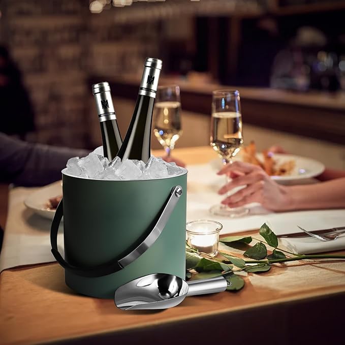 3L Ice Bucket with Silicone Lid, Scoop, Tongs & Strainer, Stainless Steel Double Wall Insulated Ice Buckets for Parties & Cocktail Bar, Outdoor Champagne Ice Container Bin, Dusty Green-Ruum Studio Home