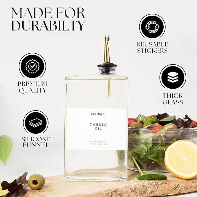 Premium Glass Olive Oil Dispenser Bottle 350ml | Cooking Oil and Vinegar Dispenser Set of 2 | Oil Dispenser for Kitchen with 2 Gold Pourers, Funnel, Brush & 36 Labels-Ruum Studio Home